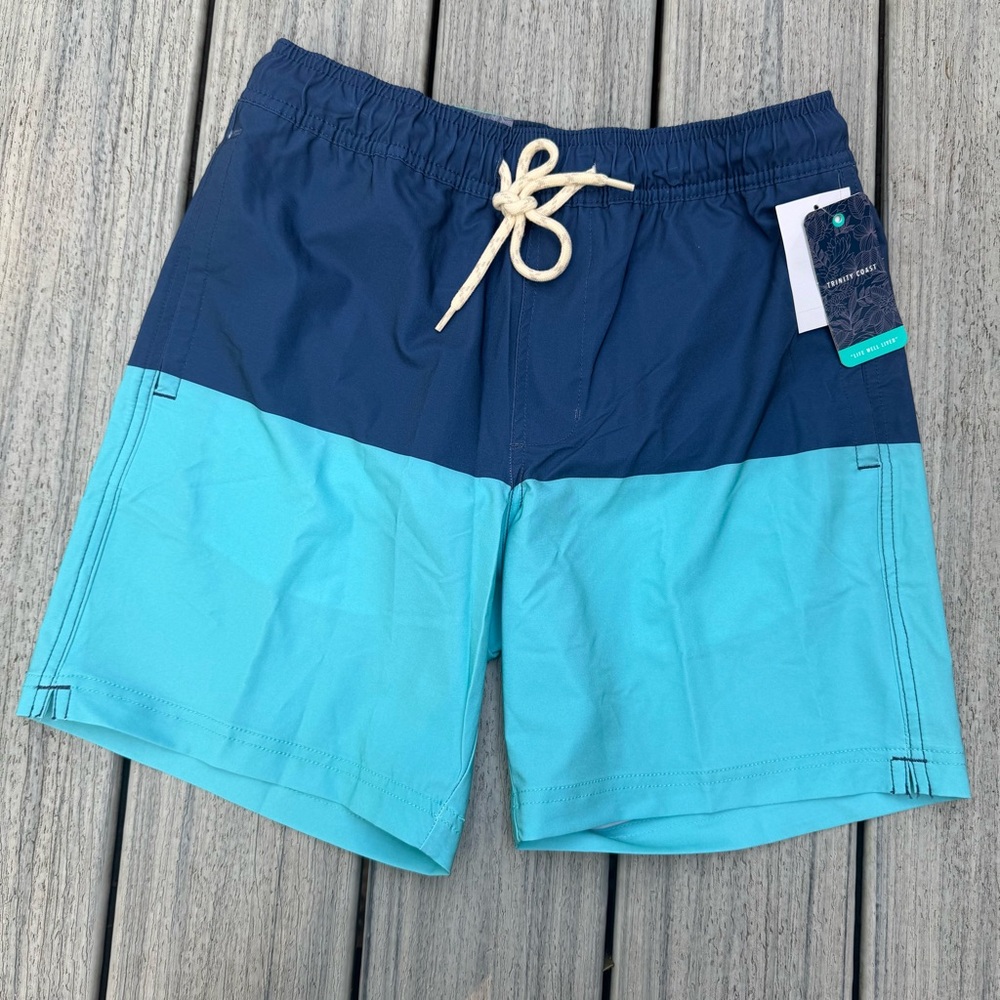 Men’s Trinity Coast  Color Block Navy and Aqua Board Shorts NWT  #0790